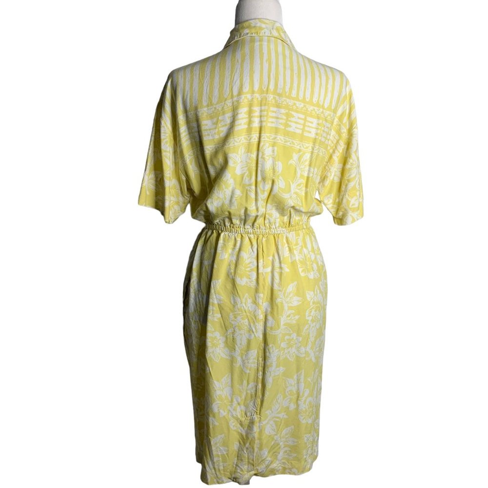 Vintage 80s Button Up Shirt Dress M Yellow Floral Short Sleeve Elastic Pockets - Picture 4 of 6